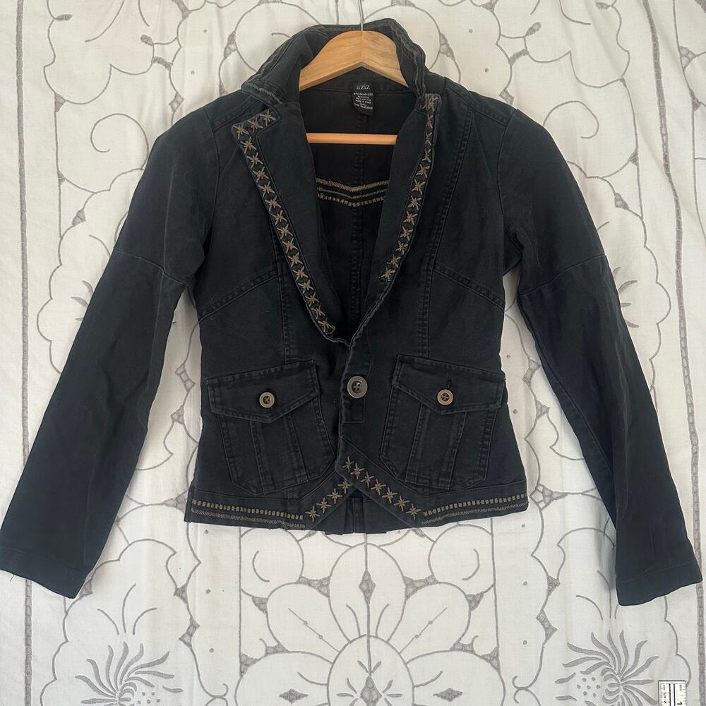 Aziz Black Embroidered Denim Jacket Western Style Small